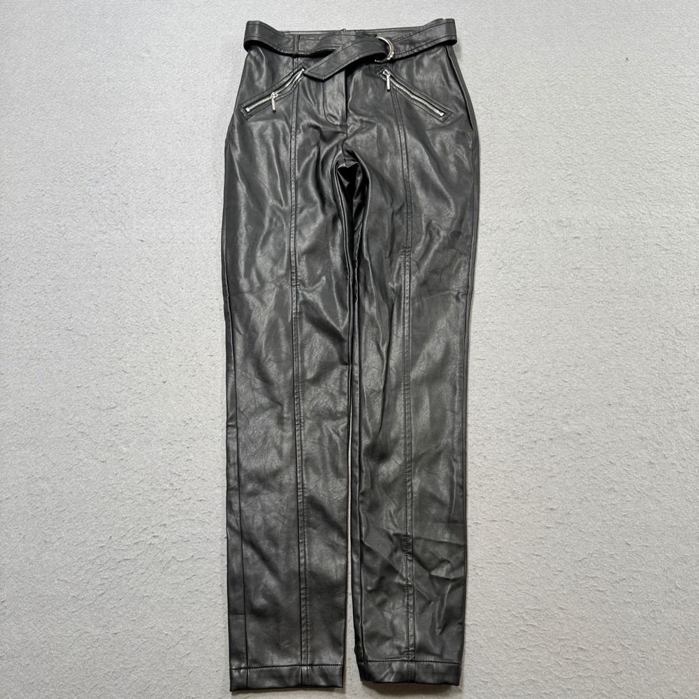 Guess Faux Leather Pants Women's 2 Black Belted High Rise Slim Fit Moto Biker